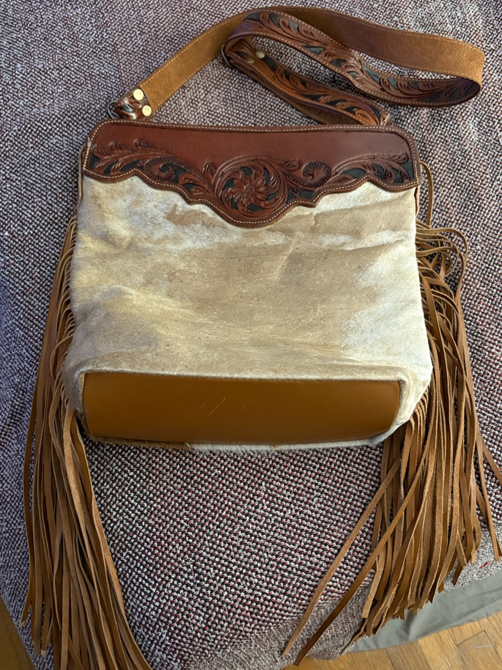 Myra Bag Tan and Cream Fringe Crossbody with Tooled Leather Accent